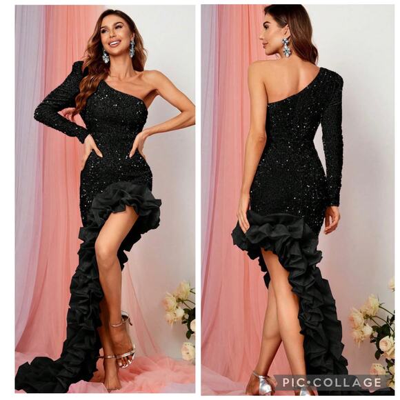 Faeriesty Dresses & Skirts - Faeriesty One Shoulder Long Sleeve Asymmetrical Hem Sequin Dress Black Size XS